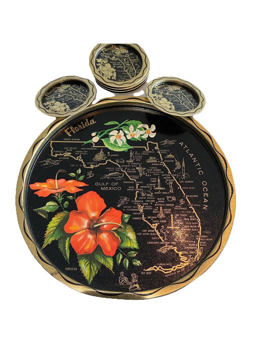 7 Vintage FLORIDA SOUVENIR GOLD METAL TRAY Plates Tin Hibiscus Jewelry Ash Miami